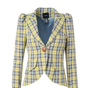 Smythe pouf sleeve lime plaid blazer